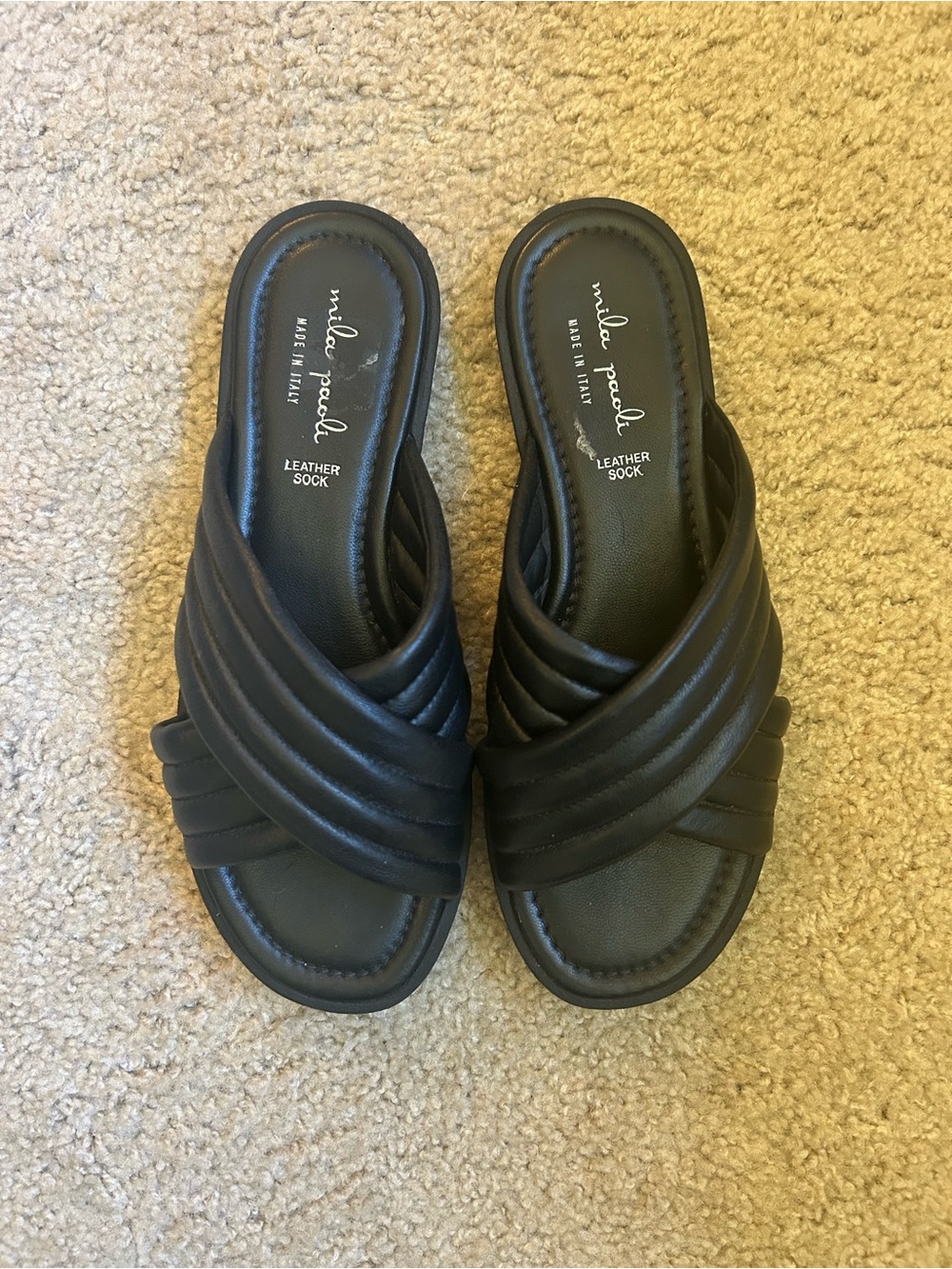 Black Leather Slide Sandals - Women's